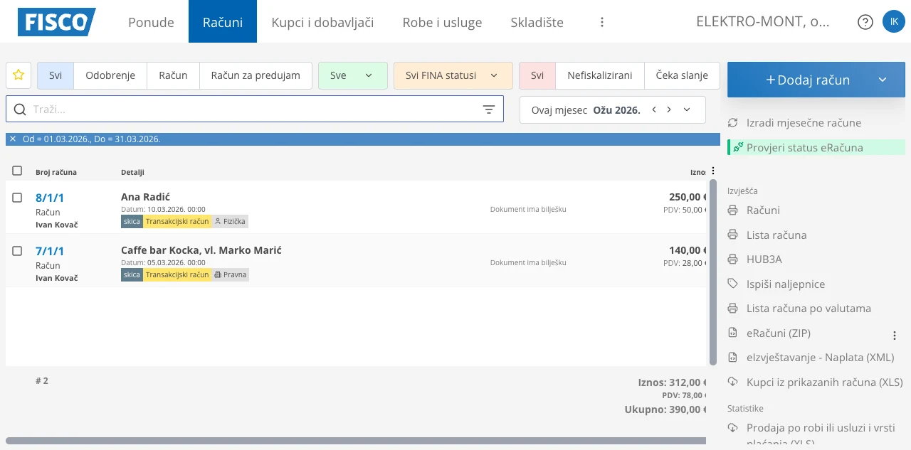 Popis računa obrta s oznakama fiskalizacije