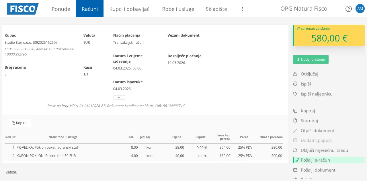 Narudžba i račun u FISCO sučelju